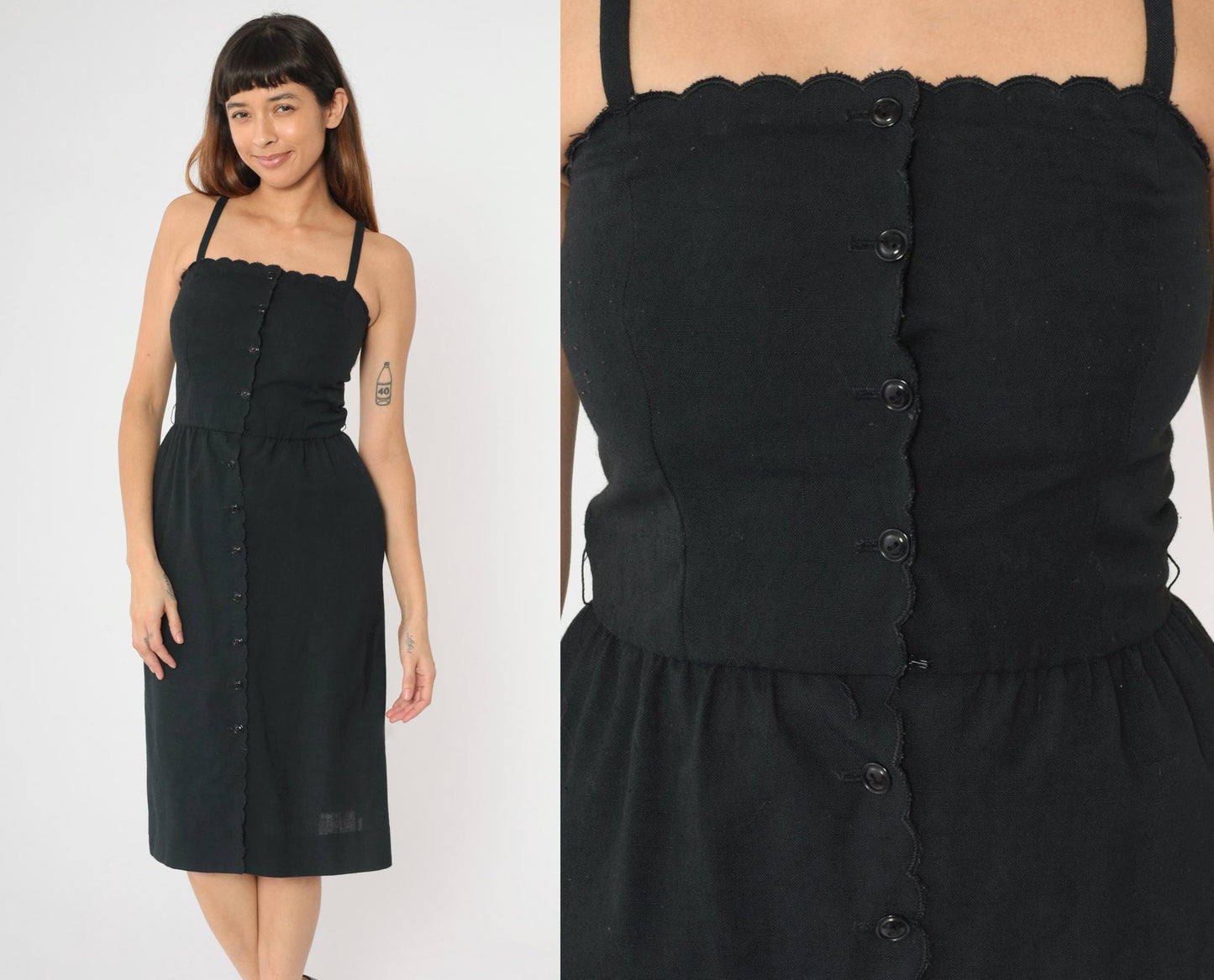 80s Black Midi Sundress Scalloped Neckline Button Front High Waist Spaghetti Strap XS