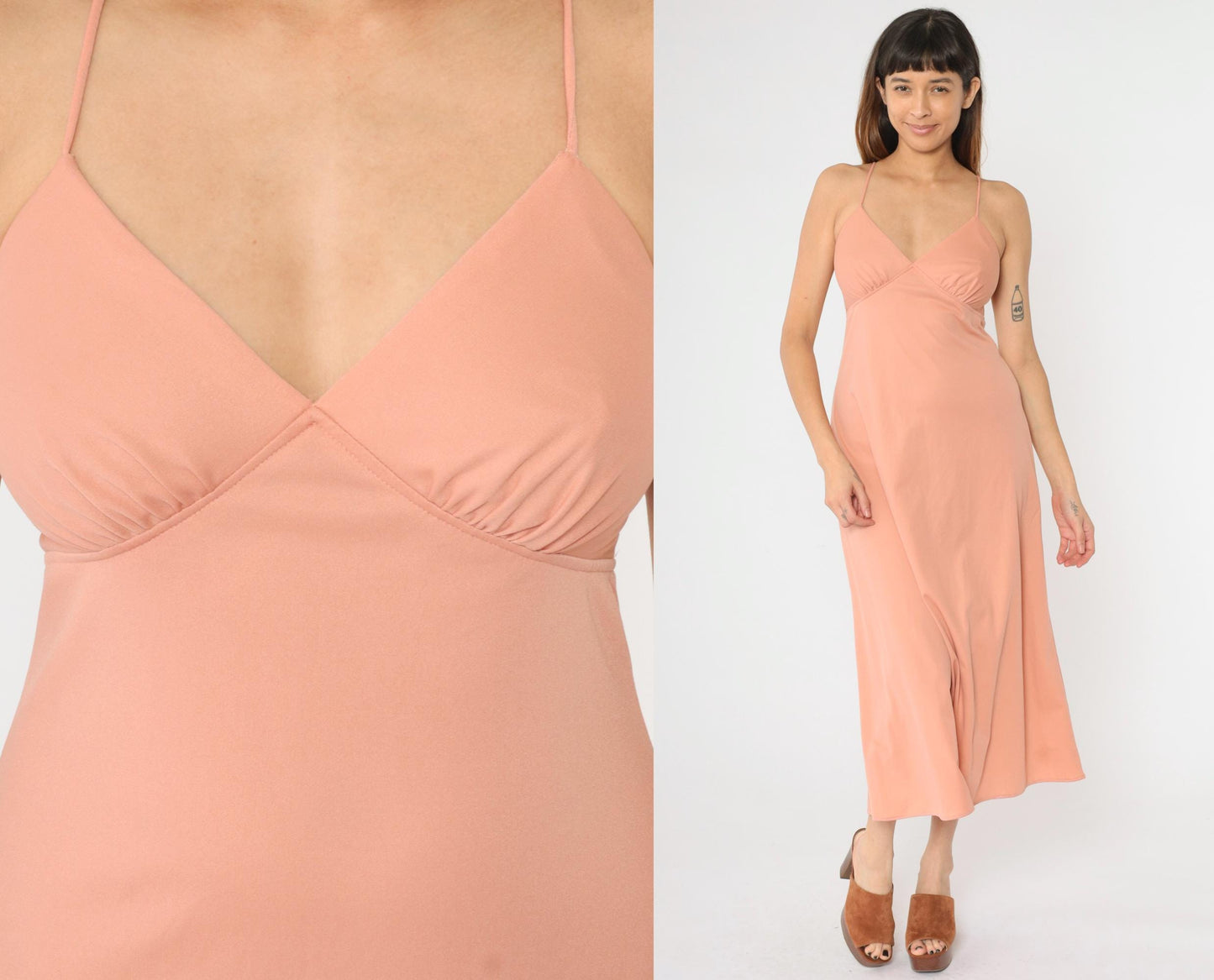 1970s Dusty Pink Empire Waist Maxi Dress V-Neck Spaghetti Strap Small