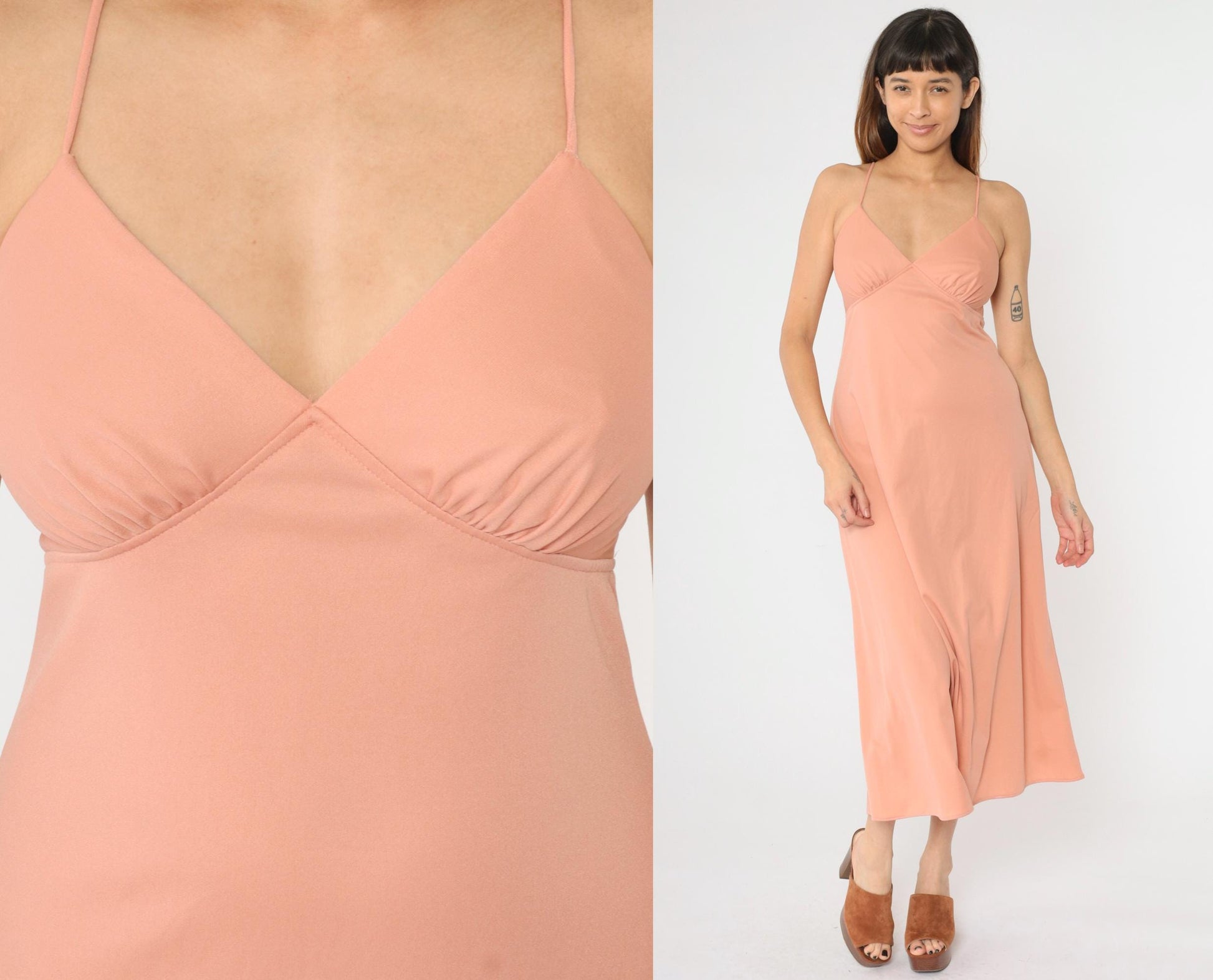 1970s Dusty Pink Empire Waist Maxi Dress V-Neck Spaghetti Strap Small