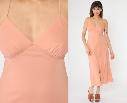 1970s Dusty Pink Empire Waist Maxi Dress V-Neck Spaghetti Strap Small