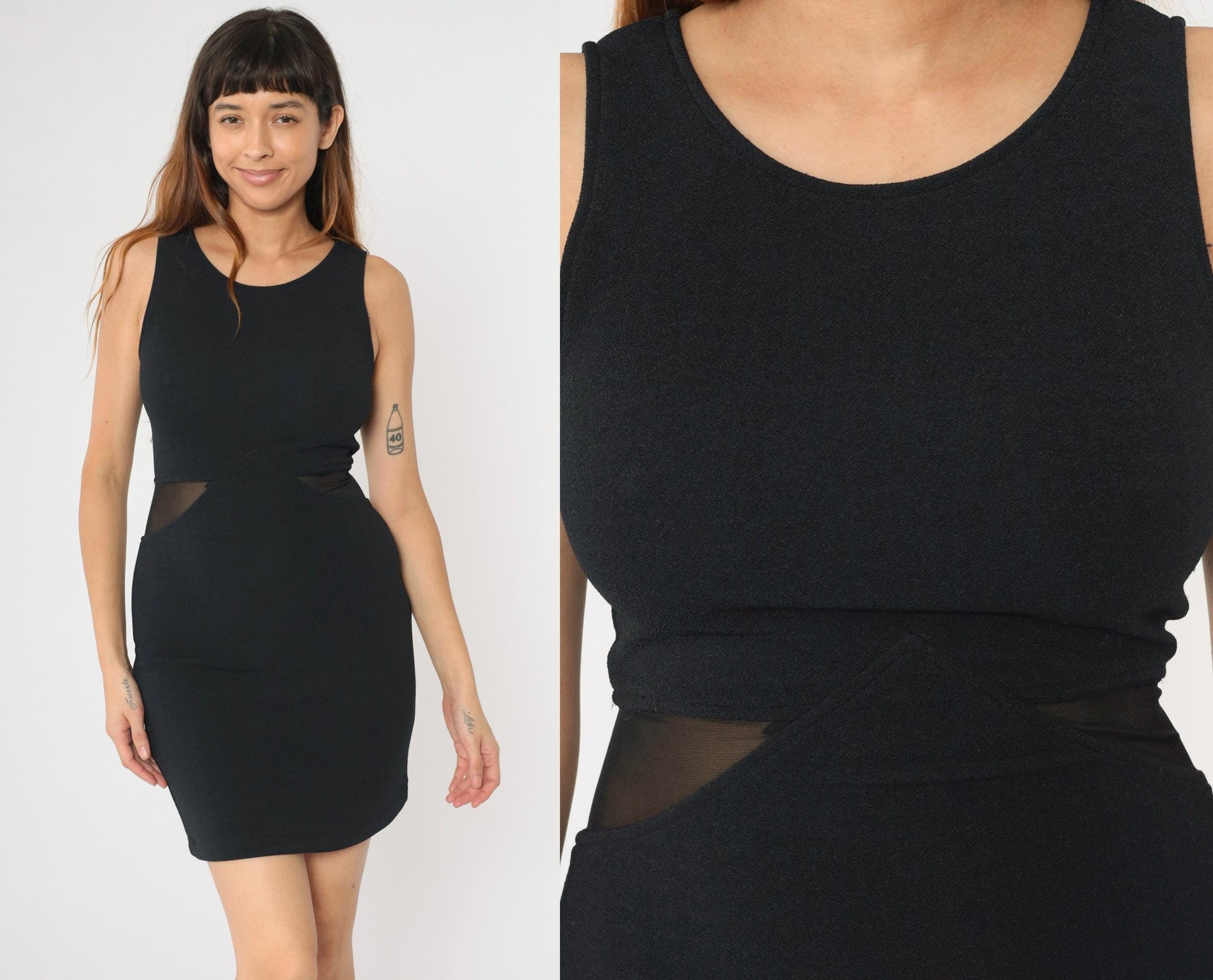 90s Black Bodycon Mini Dress Sheer Mesh Waist Cut Out Sleeveless Small