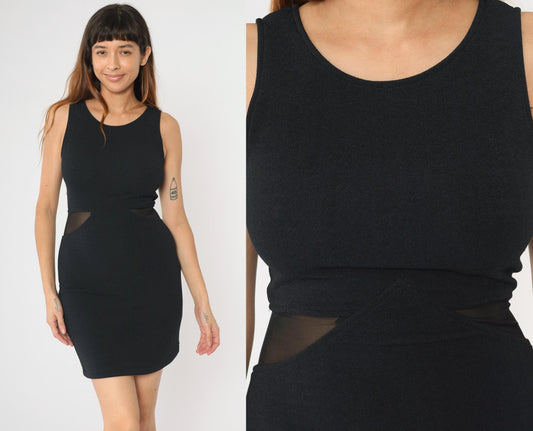 90s Black Bodycon Mini Dress Sheer Mesh Waist Cut Out Sleeveless Small