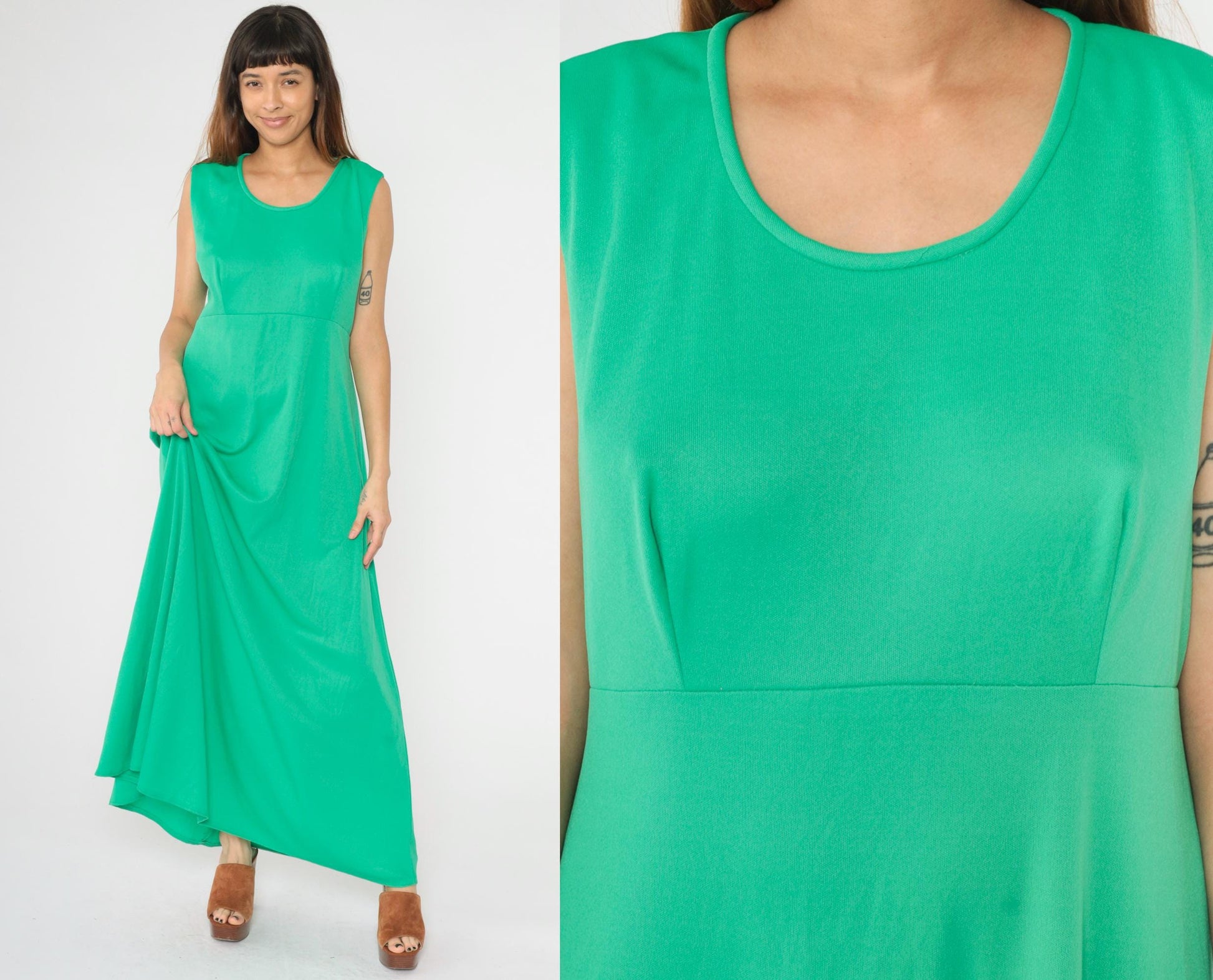 70s Green Maxi Dress Sleeveless High Waist Lily Lynn Large L