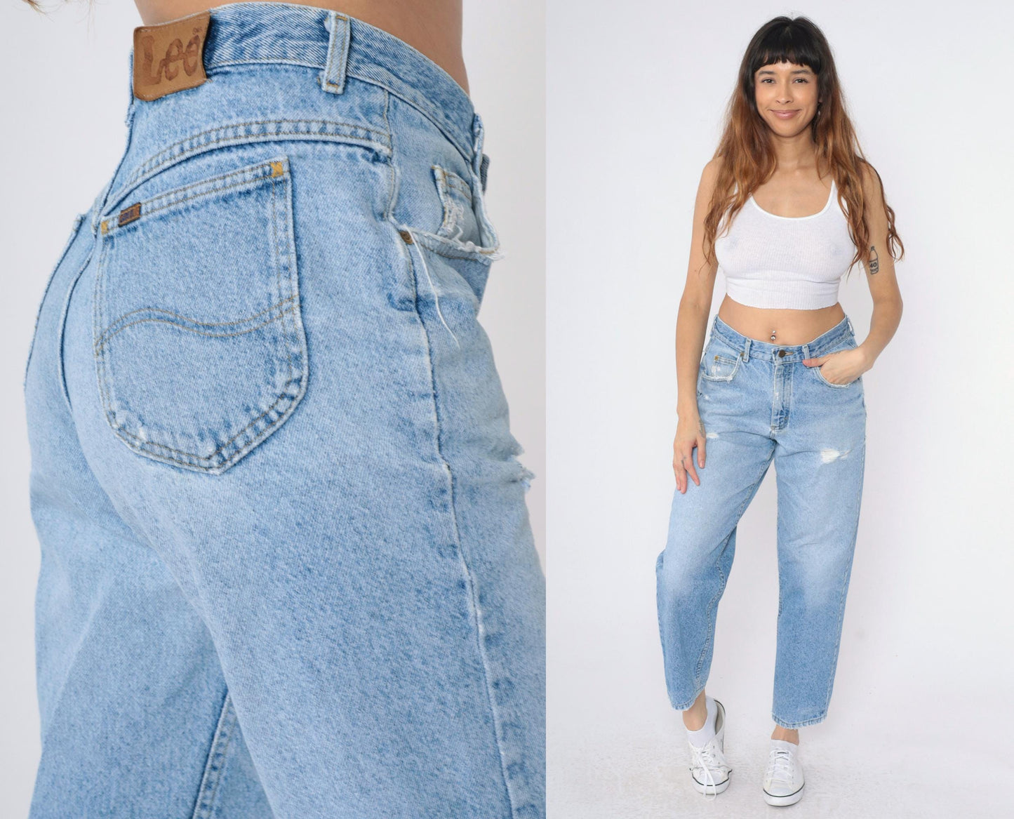 90s Lee High-Waist Tapered Jeans Light Wash Distressed Rips Medium