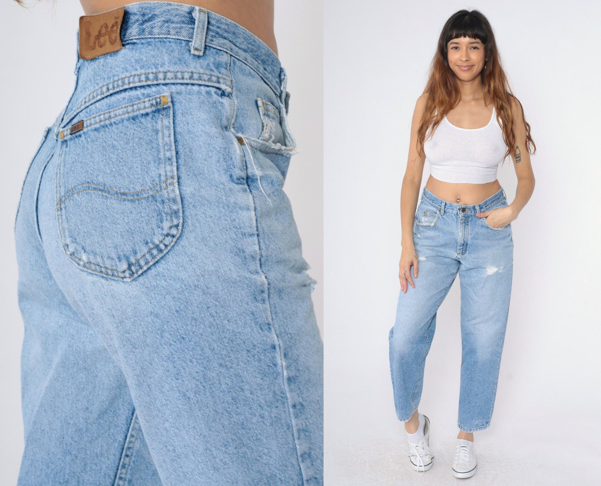 90s Lee High-Waist Tapered Jeans Light Wash Distressed Rips Medium