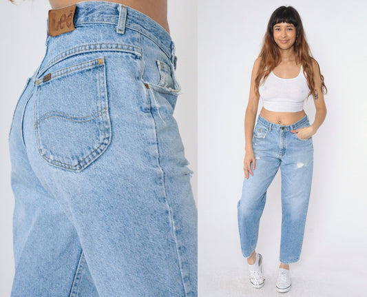 90s Lee High-Waist Tapered Jeans Light Wash Distressed Rips Medium