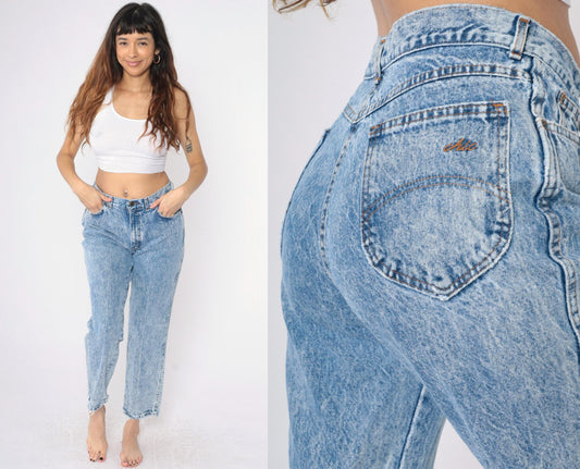 80s Acid Wash High Waist Tapered Jeans Chic Blue Denim Small