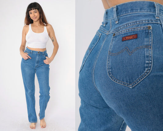 80s Wrangler High Waisted Tapered Jeans Blue Straight Leg Small