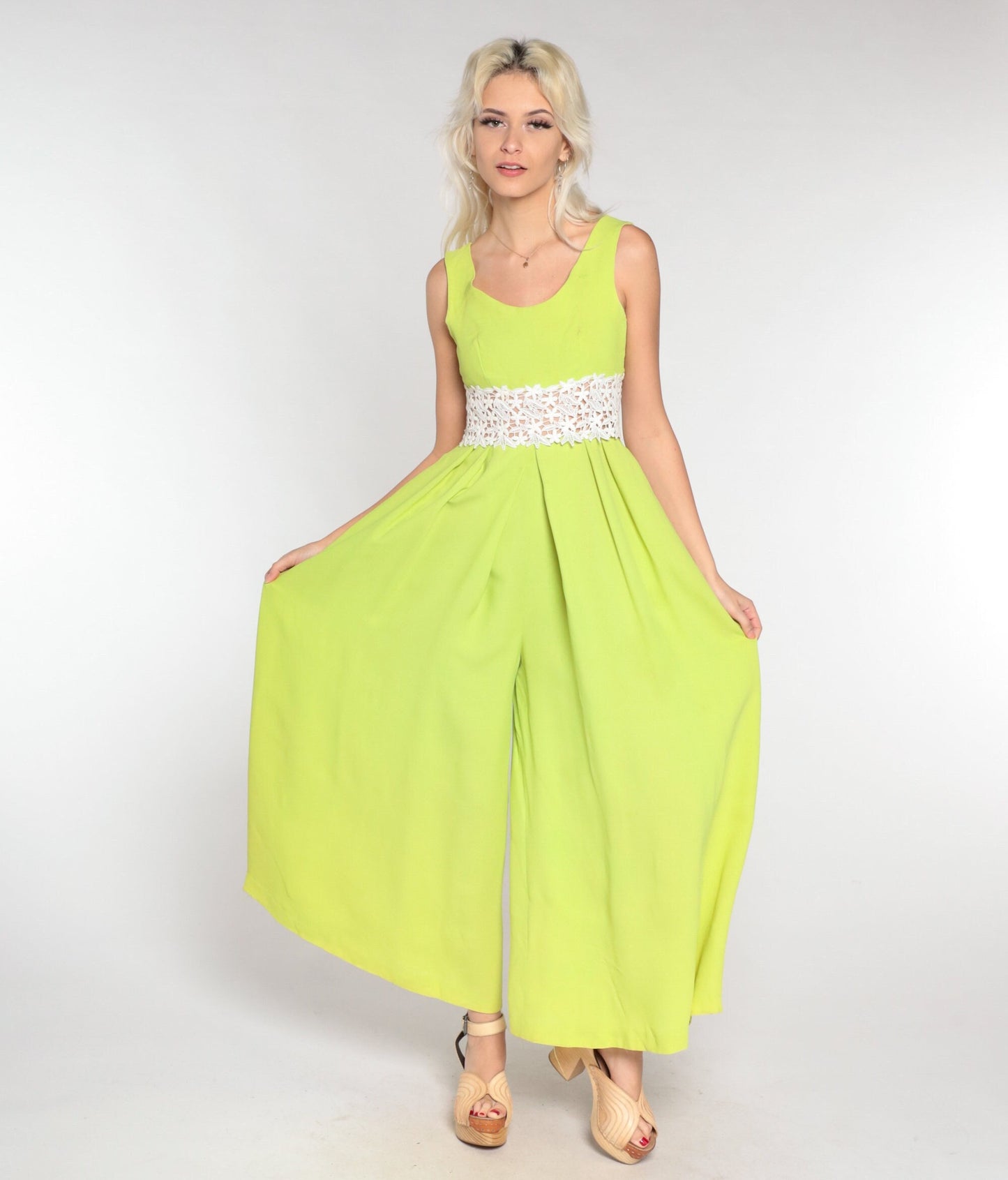 70s Lime Green Jumpsuit Wide Leg Floral Crochet Sleeveless Small