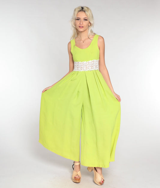 70s Lime Green Jumpsuit Wide Leg Floral Crochet Sleeveless Small