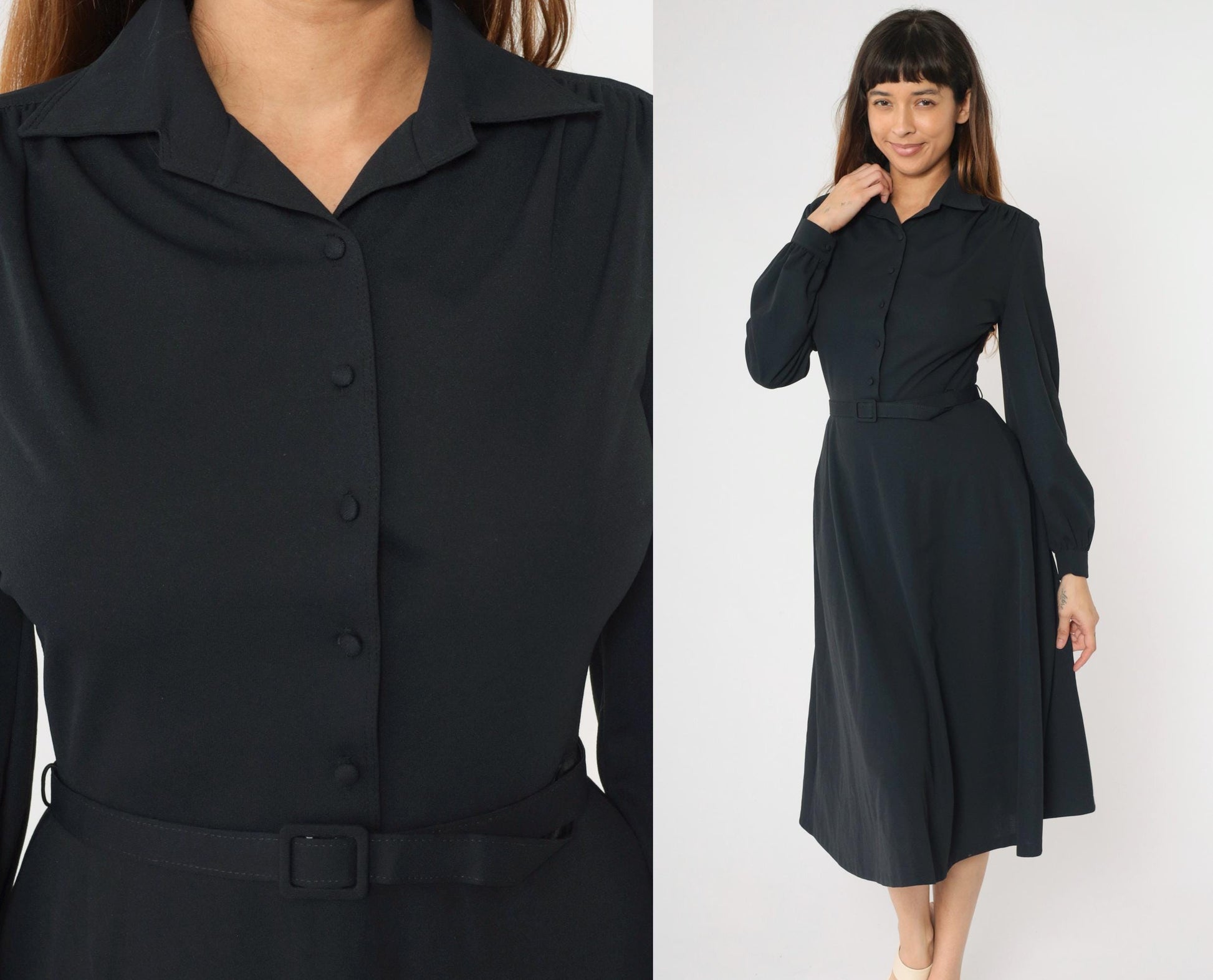 70s Black Midi Shirtdress Button-Up High Waisted Belted Collared Small S