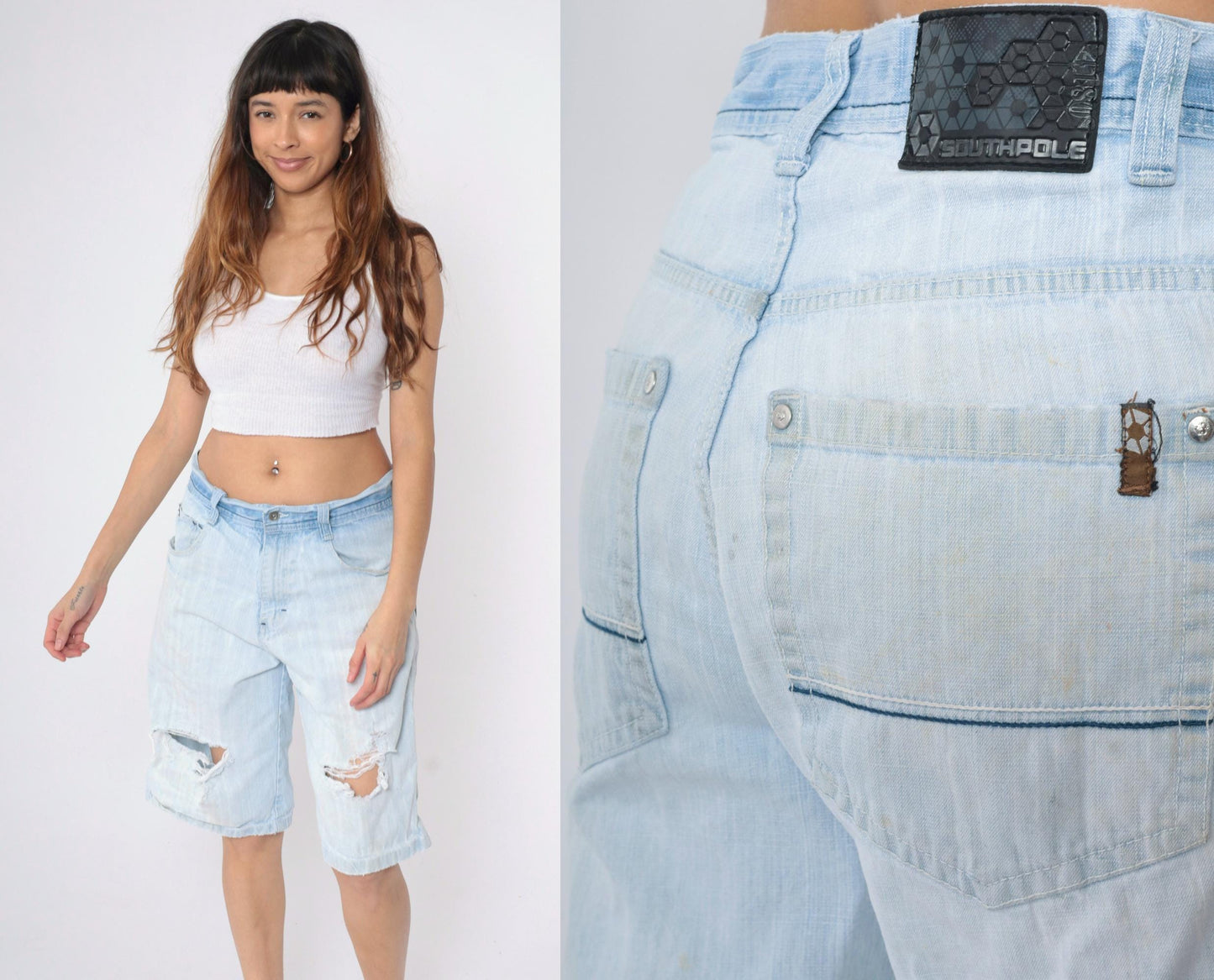 Y2K South Pole Denim Shorts Light Wash Ripped High Waist Knee Length 32