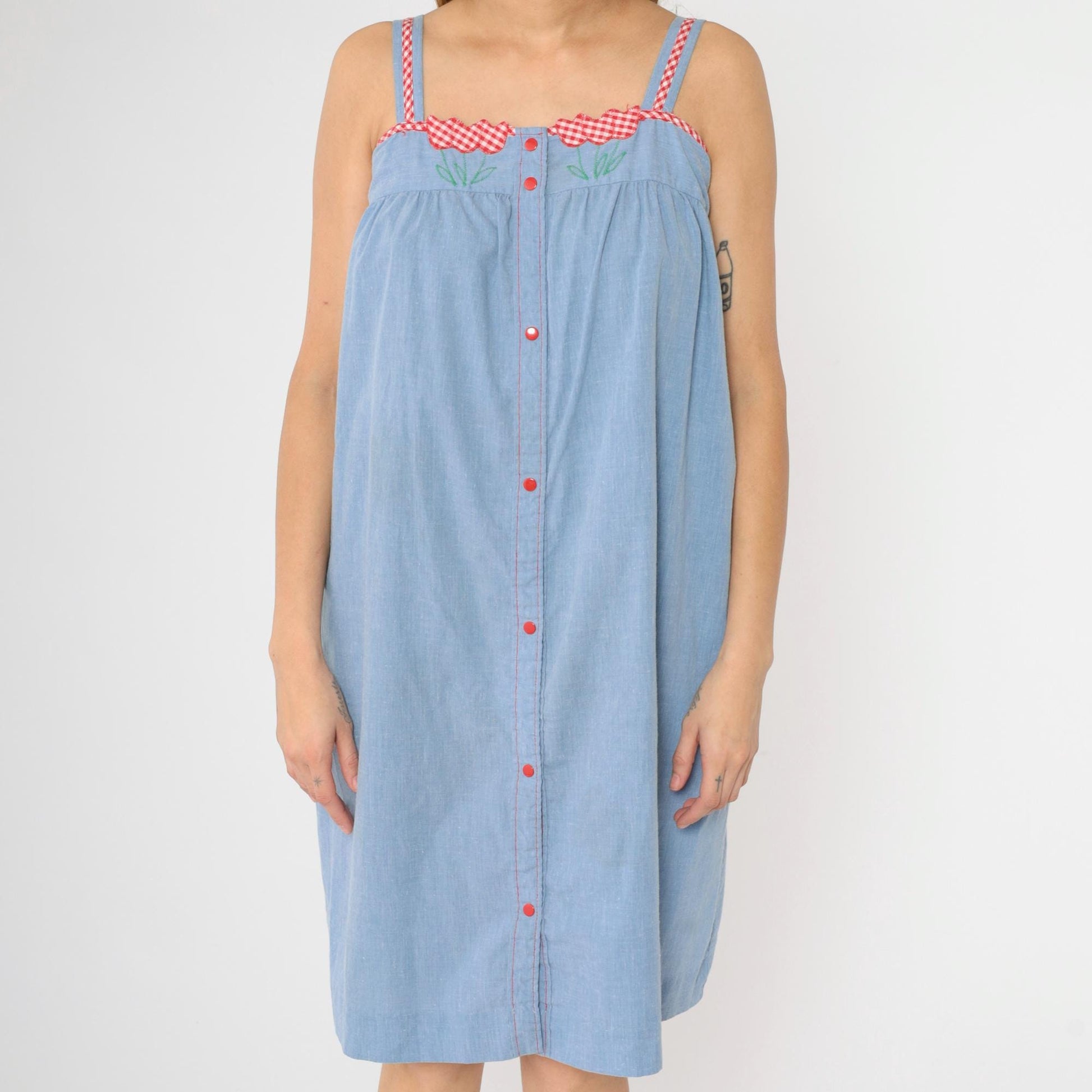 80s Blue Chambray Midi Dress Floral Embroidered Snap Button Sleeveless Small Medium