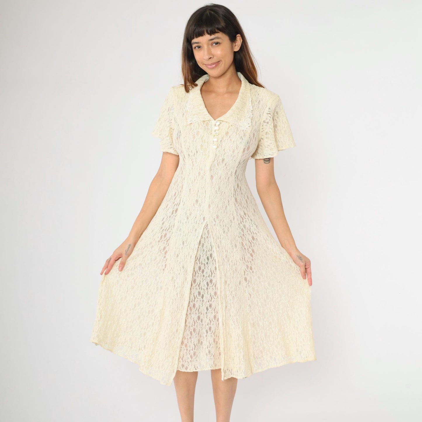 90s Cream Lace Midi Dress Short Sleeve Button Front Sheer Small S