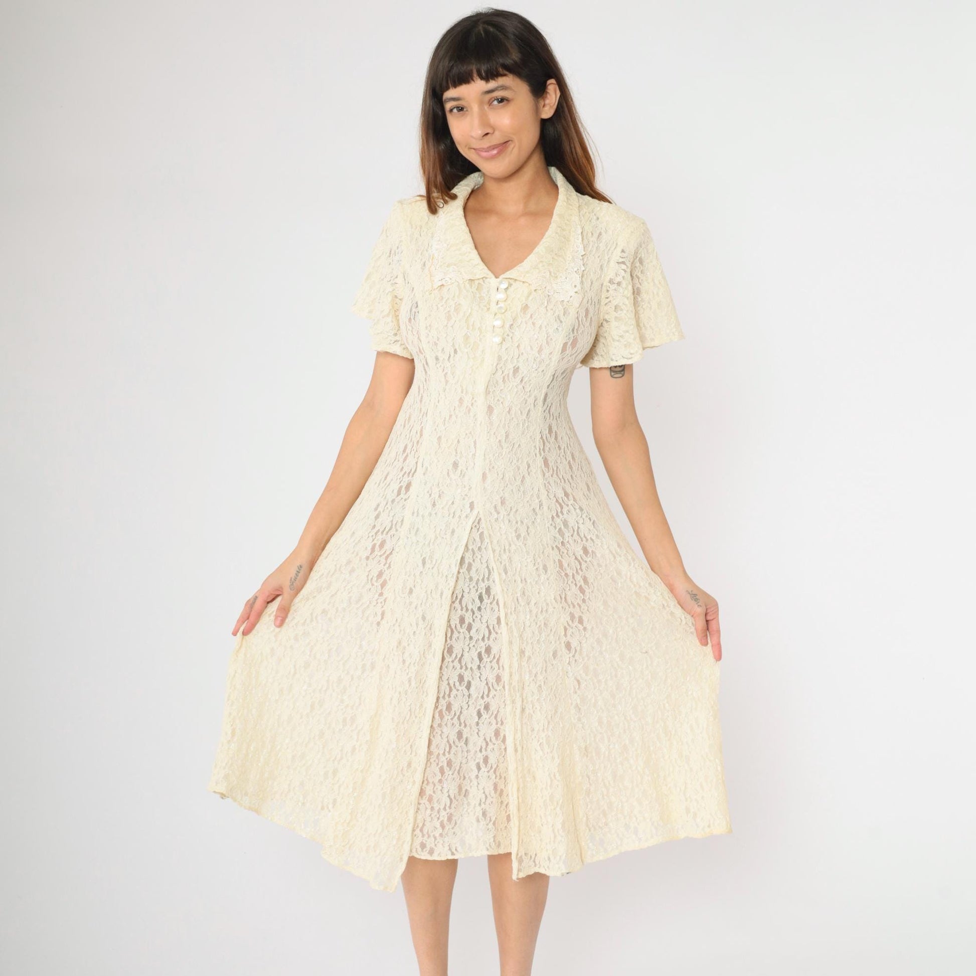 90s Cream Lace Midi Dress Short Sleeve Button Front Sheer Small S