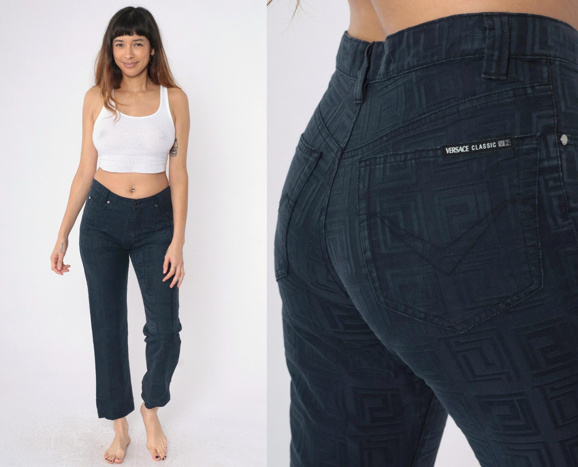 Versace Classic V2 Geometric Embossed Black Trousers Size 32
