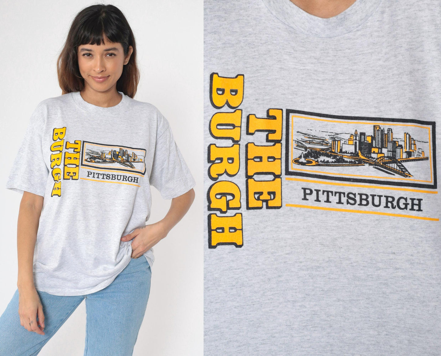 90s Pittsburgh Cityscape Graphic T-Shirt Grey The Burgh Jerzees Extra Large