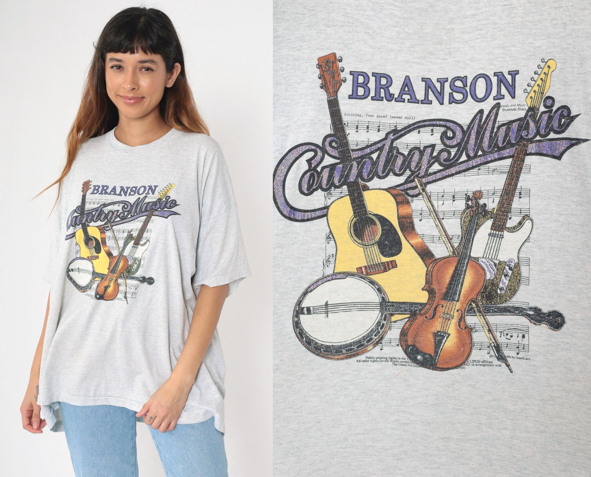 90s Branson Missouri Country Music Graphic T-Shirt Glitter Guitar Banjo Violin Grey Extra Extra Large XXL