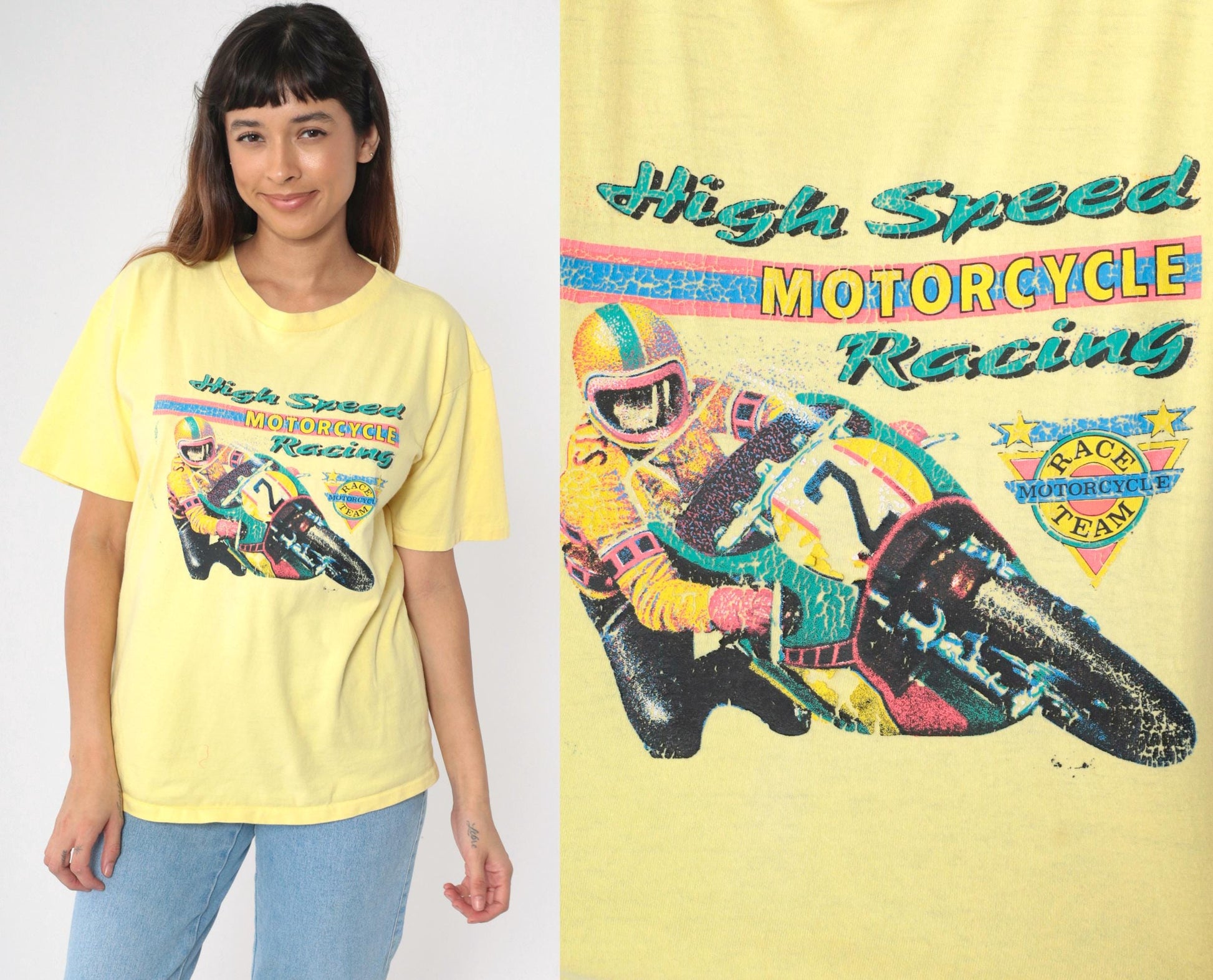 90s High Speed Motorcycle Racing Graphic T-Shirt Yellow Medium