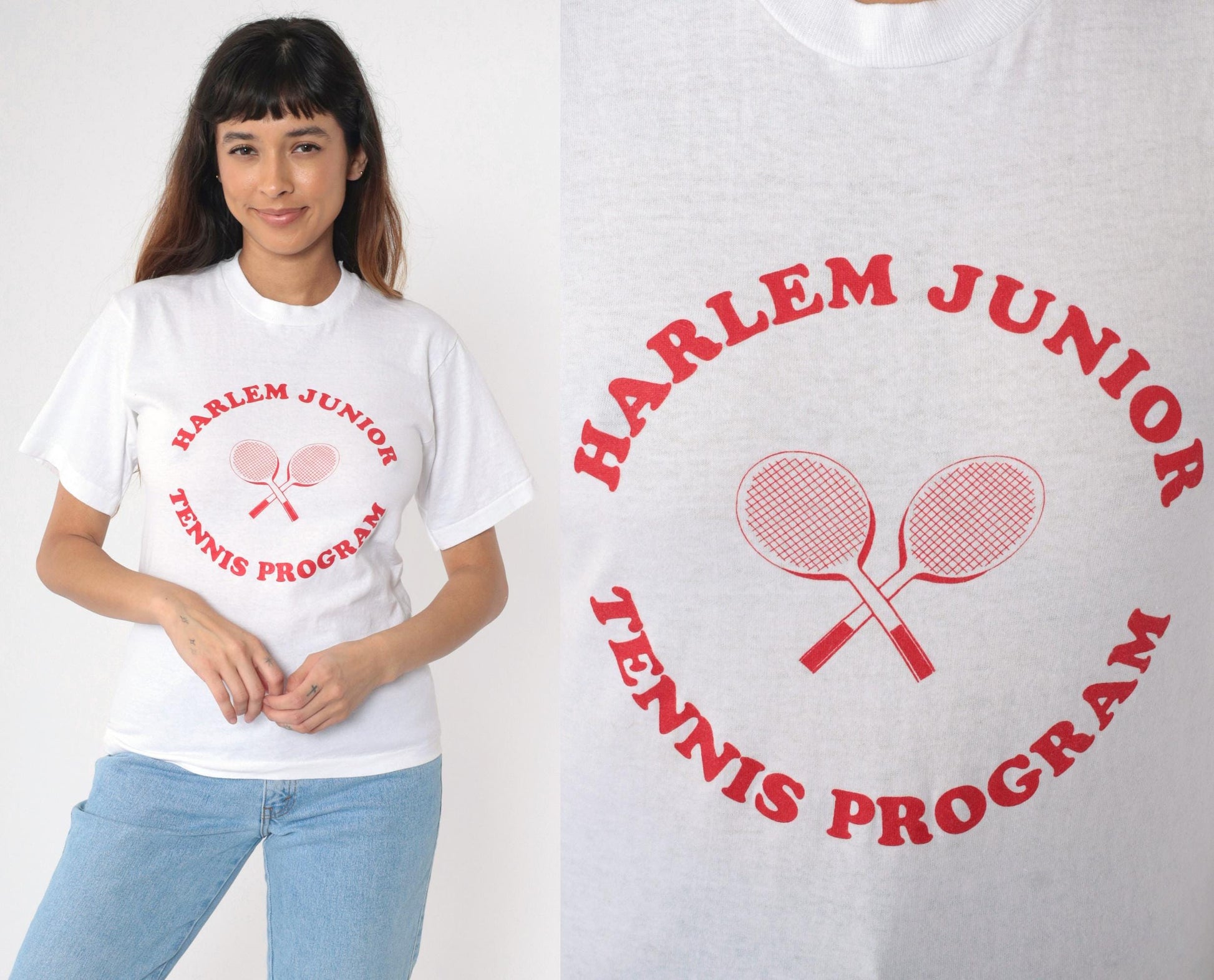 90s Harlem Junior Tennis Program Graphic T-Shirt White Single Stitch Small