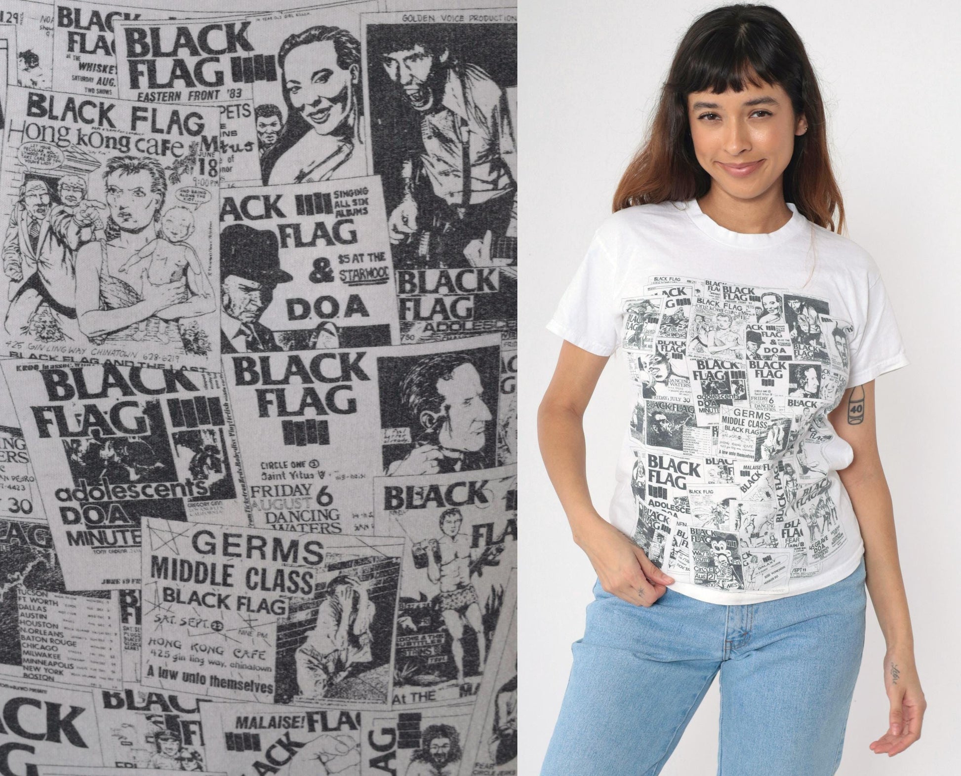 Y2K Black Flag Punk Band Flyers White Graphic Tee Youth Large XS