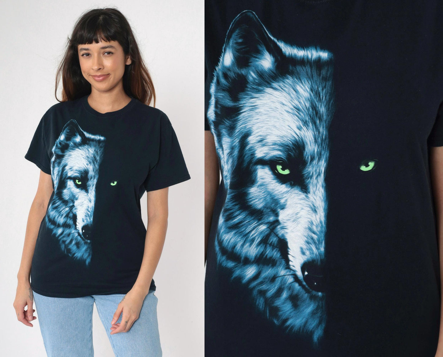 Y2K Wolf Face Graphic T-Shirt Black Cotton Crewneck Medium M