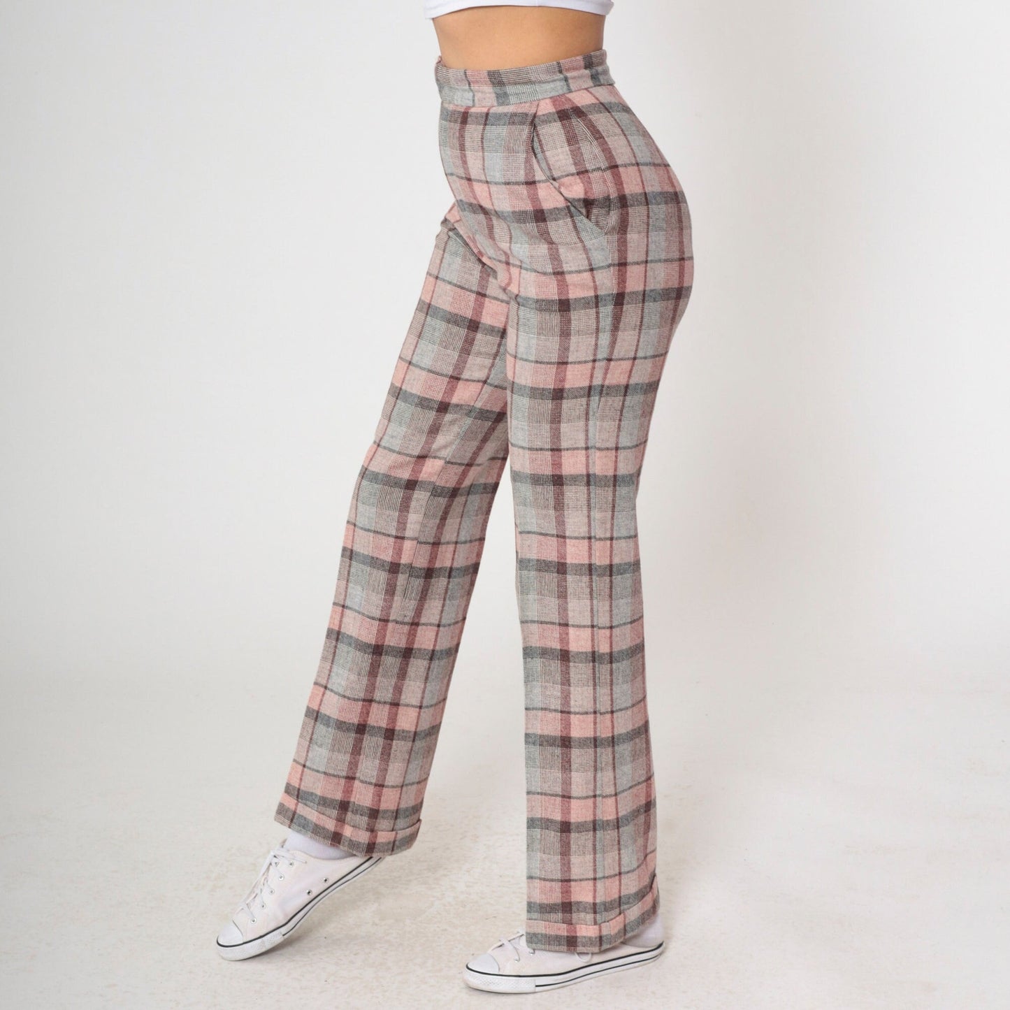 70s The Limited Plaid High-Waisted Trousers Pink Grey Wool Blend Small