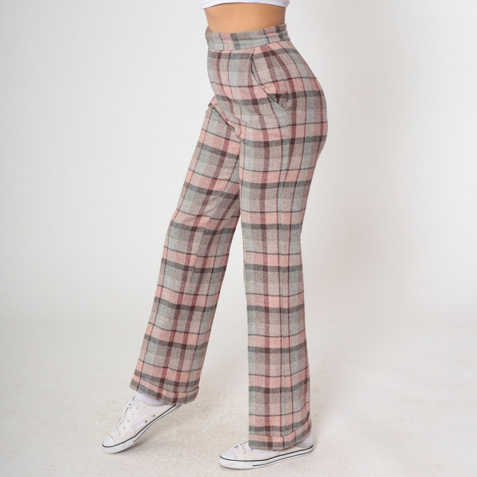 70s The Limited Plaid High-Waisted Trousers Pink Grey Wool Blend Small