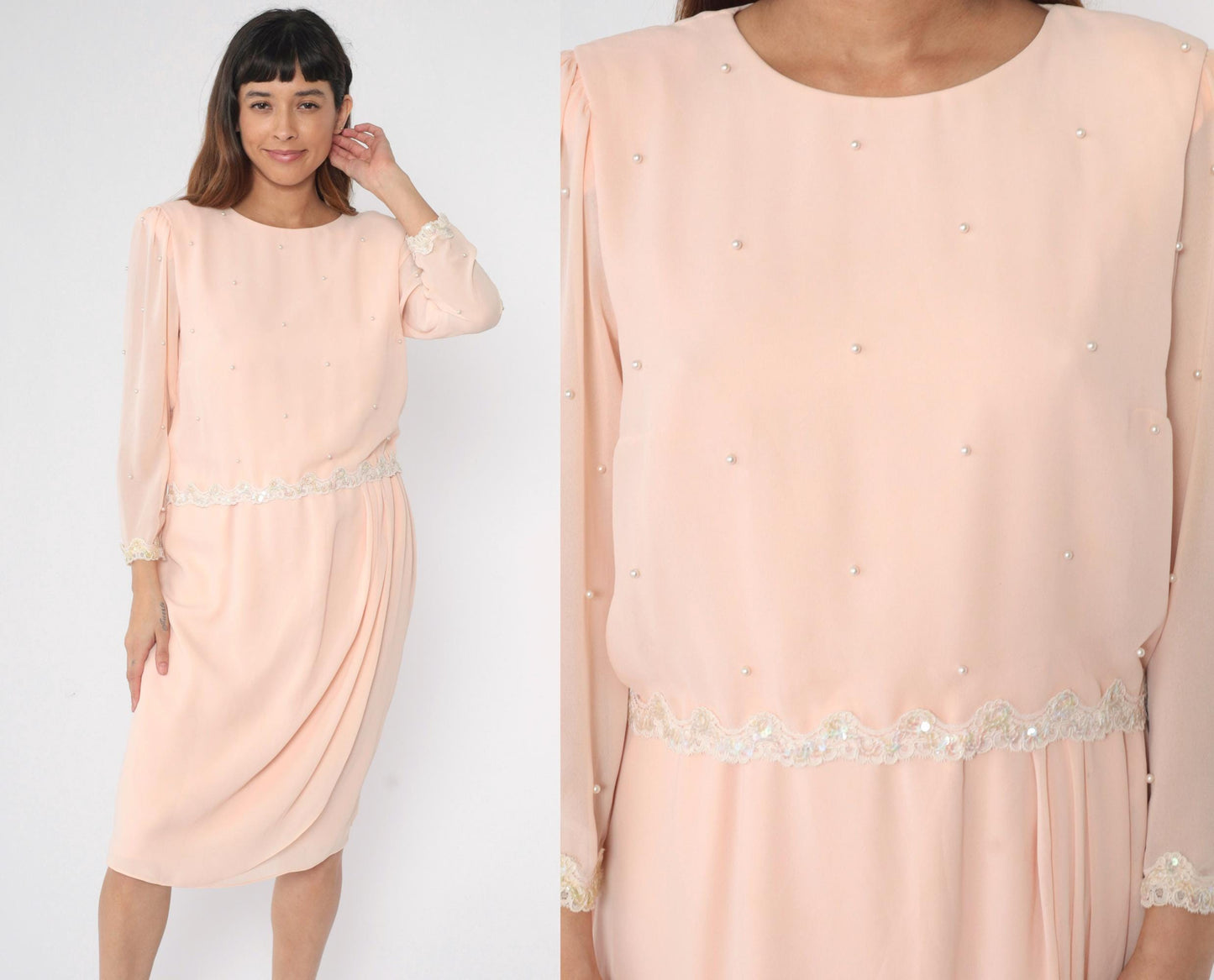 80s Miss Elliette Baby Pink Chiffon Midi Dress Puff Sleeve Beaded Sequin Medium