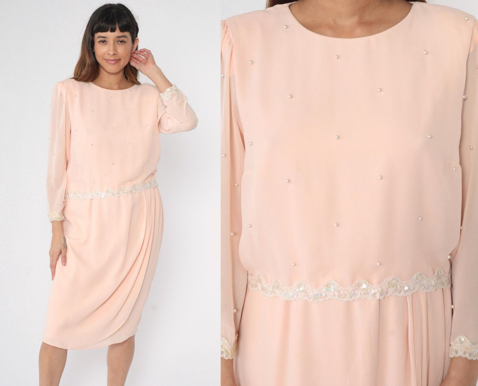 80s Miss Elliette Baby Pink Chiffon Midi Dress Puff Sleeve Beaded Sequin Medium