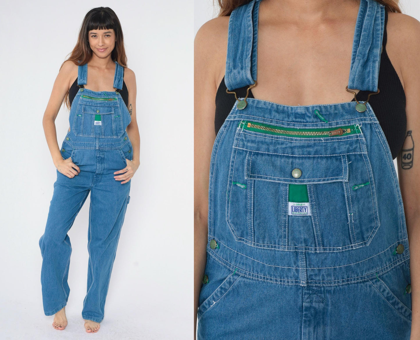 90s Liberty Men's Blue Denim Overalls Hammer Loop Carpenter Bibs Size 32