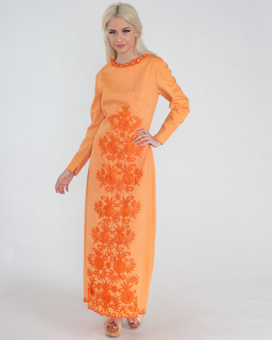 70s Orange Floral Embroidered Maxi Dress Empire Waist Long Sleeve Small