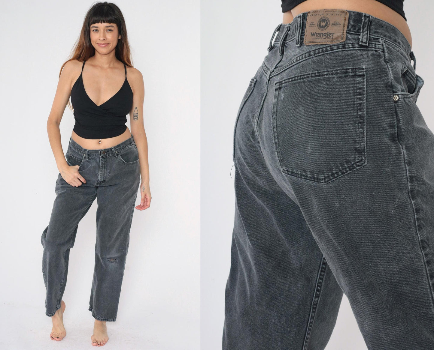 90s Wrangler Faded Black Straight Leg Jeans Knee Rip High Rise 32x30 Men's