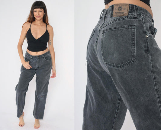 90s Wrangler Faded Black Straight Leg Jeans Knee Rip High Rise 32x30 Men's