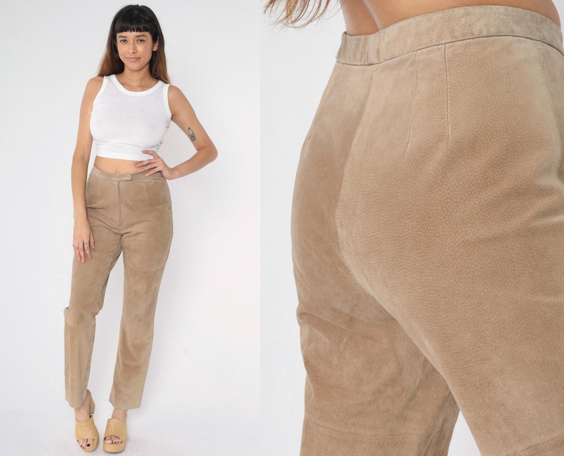 Y2K Tan Suede Leather Pants Straight Leg High Waist Modern Images Medium M
