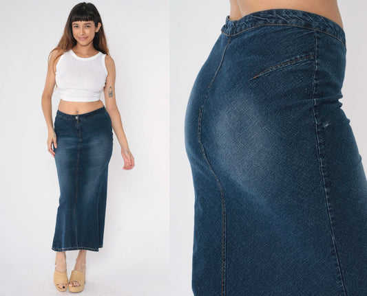 Y2K Dark Wash Denim Maxi Skirt High Rise Flared Jean Faded Blue Medium
