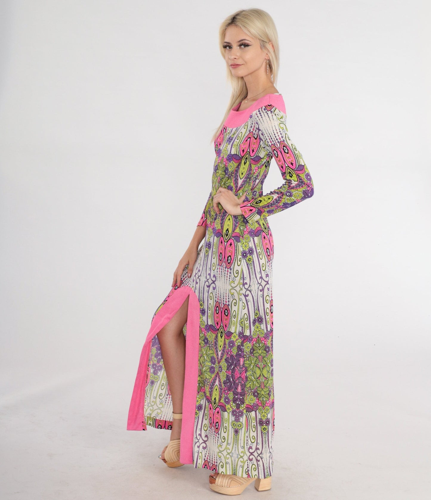1970s Psychedelic Floral Maxi Dress Long Sleeve Hot Pink Lime Green Small