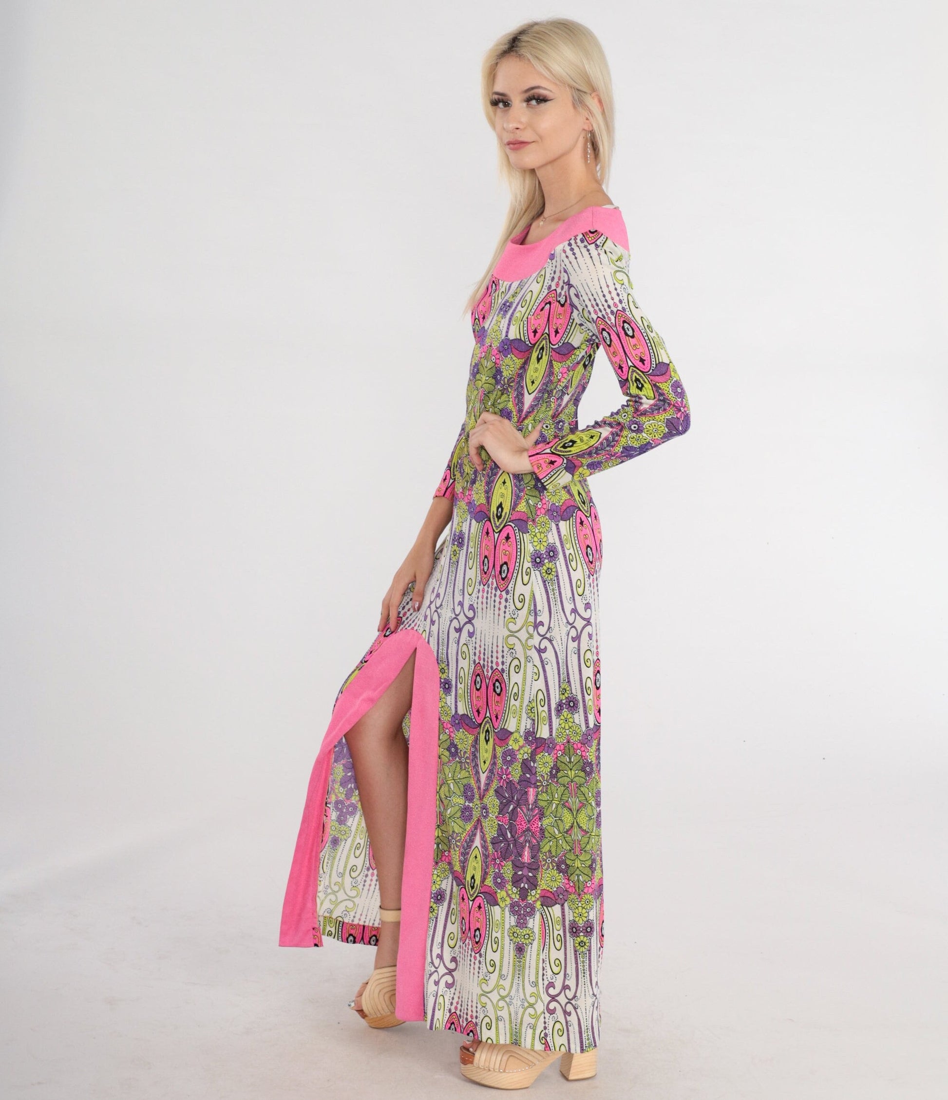 1970s Psychedelic Floral Maxi Dress Long Sleeve Hot Pink Lime Green Small