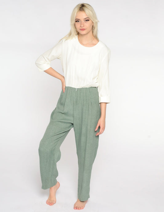 80s White Green Two-Tone Tapered Jumpsuit Acetate Rayon Medium M