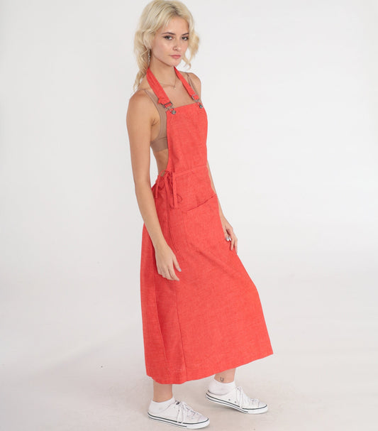 70s Orange Maxi Wrap Jumper Dress Open Back Tie Belt Small Medium