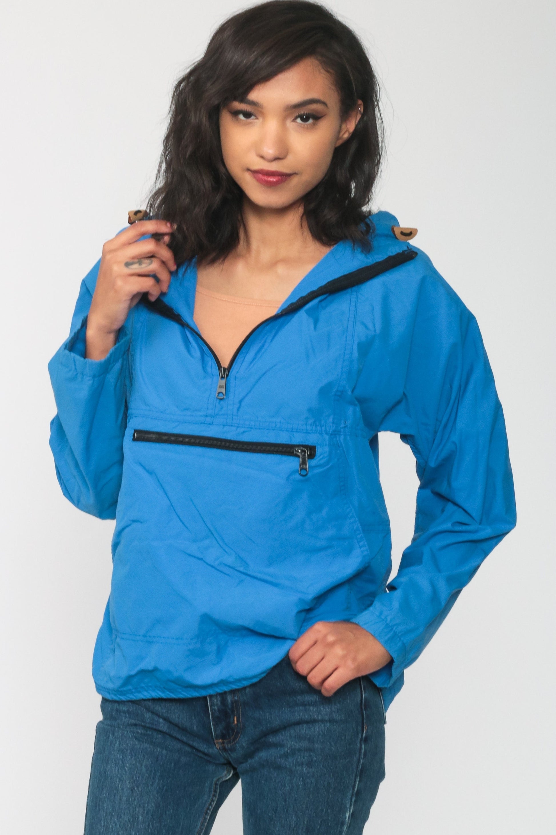 LL Bean Blue Hooded Half-Zip Windbreaker Jacket Women's Medium