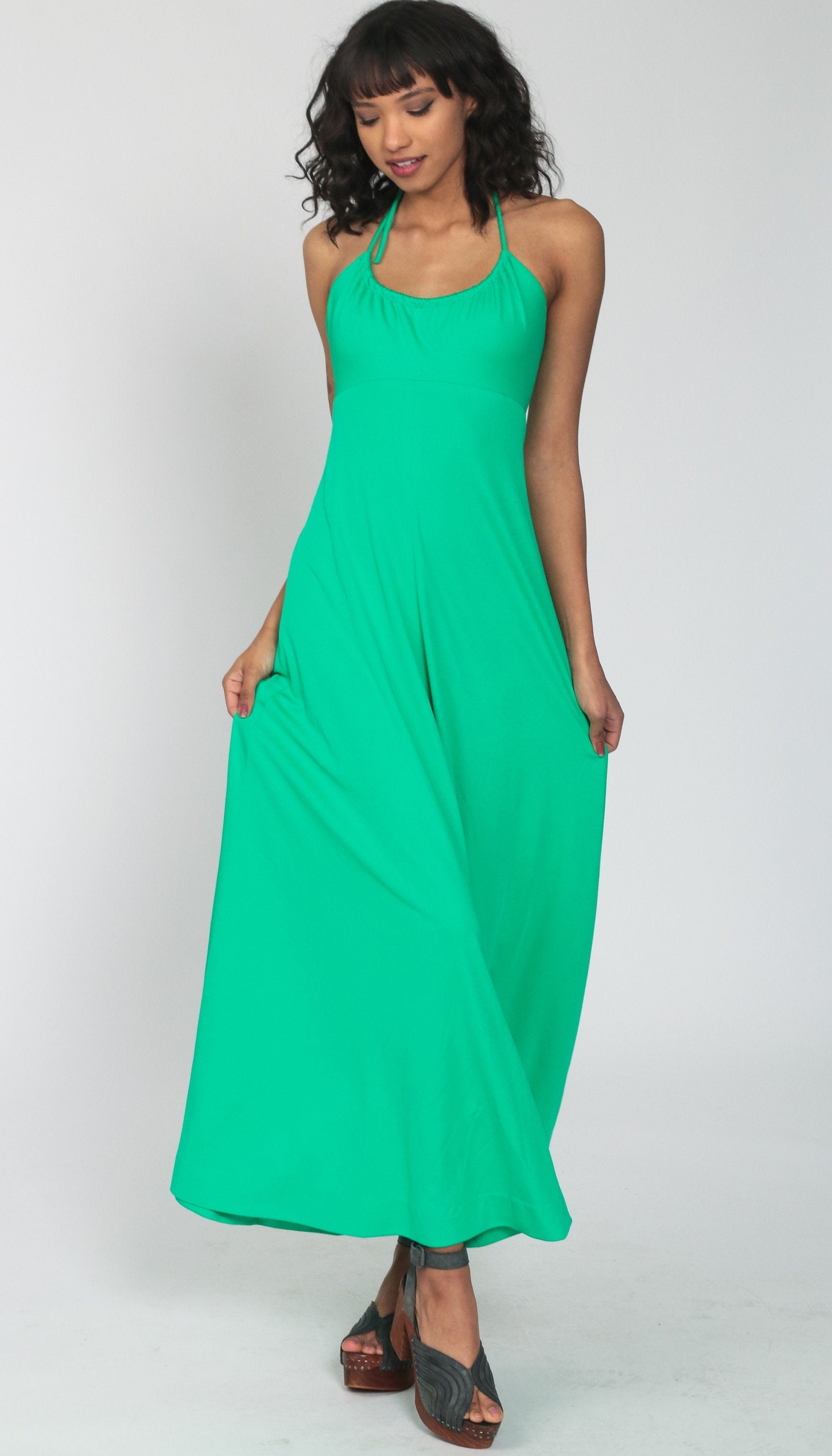 70s Bright Green Halter Jumpsuit Wide Leg High Waist Extra Small