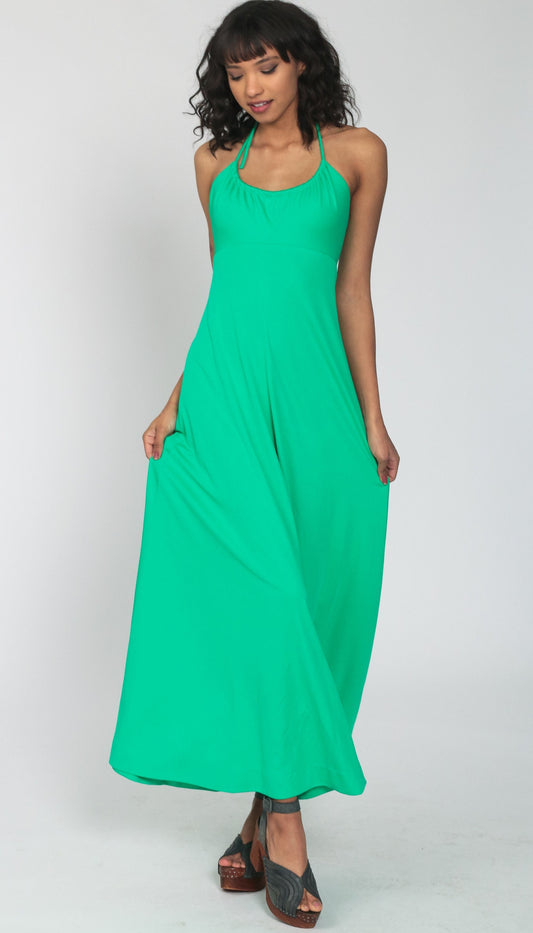 70s Bright Green Halter Jumpsuit Wide Leg High Waist Extra Small