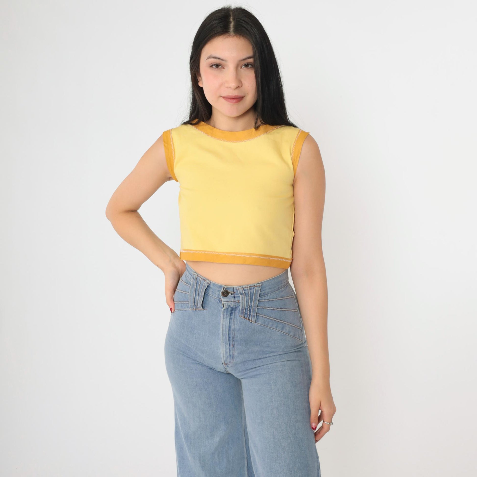 60s Yellow Ringer Crop Tank Top Sleeveless Blouse XXS