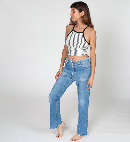 80s Lee High Waist Straight Leg Jeans Distressed Blue Denim Men's 33