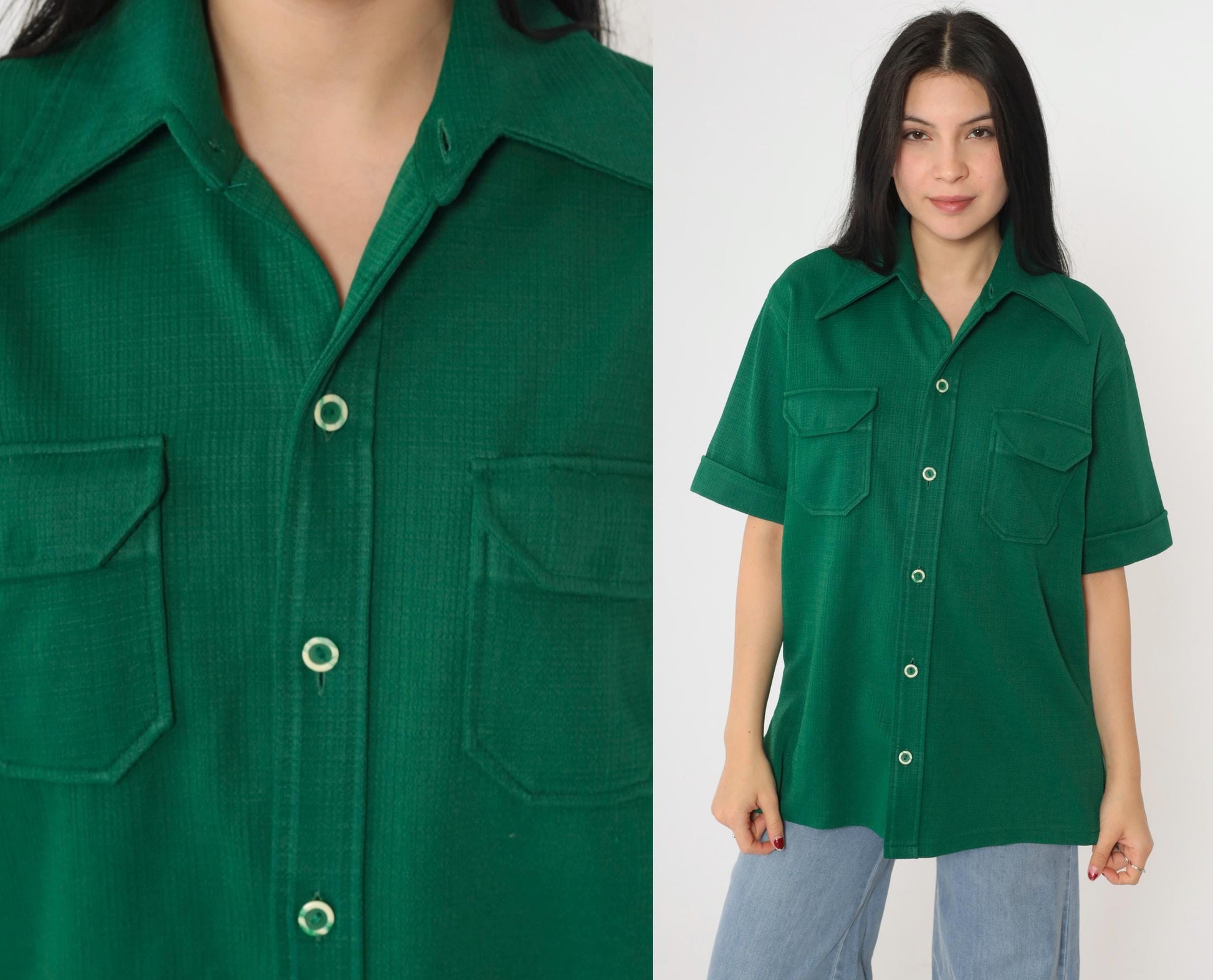 70s Green Button-Up Shirt Dagger Collar Short Sleeve Men's Medium