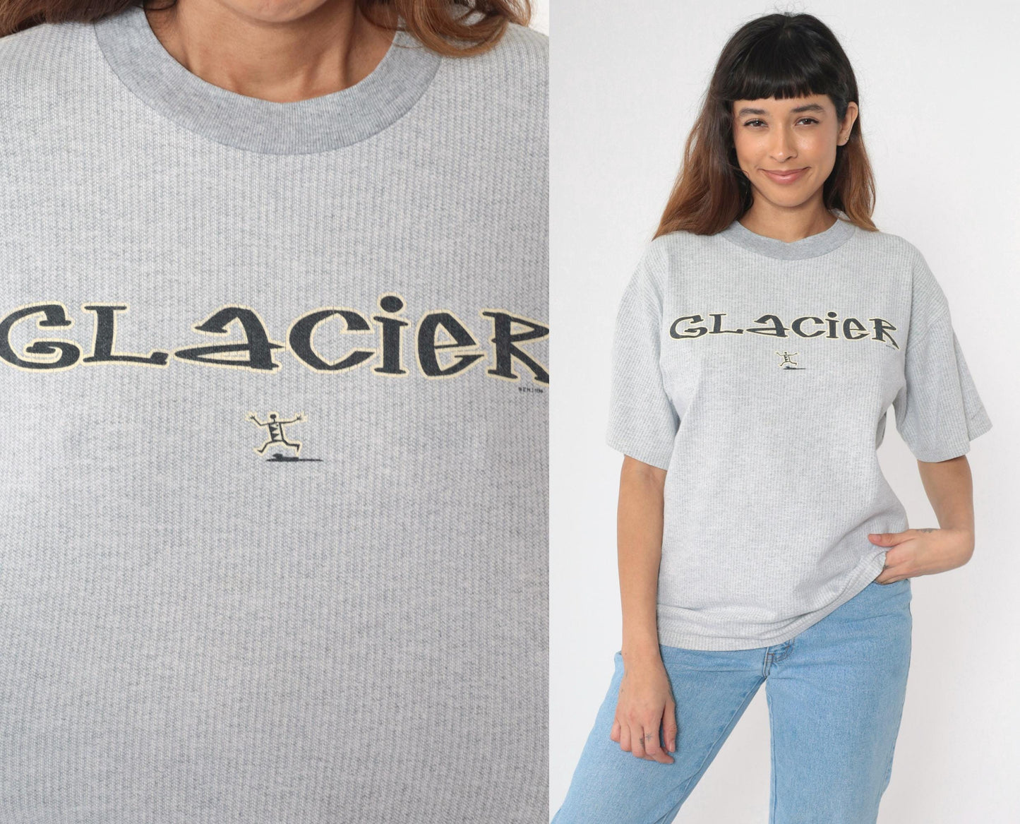 90s Glacier National Park Graphic T-Shirt Grey Stick Figure Crewneck Large L