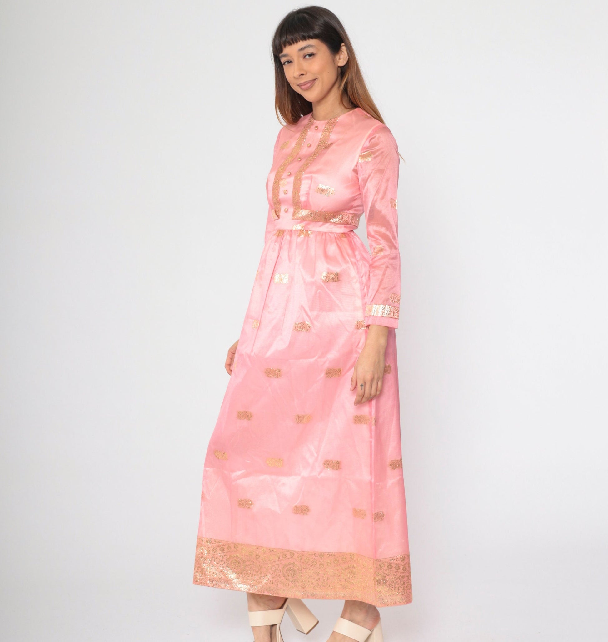60s Pink Organza Maxi Dress Gold Embroidered Floral Paisley Long Sleeve Small