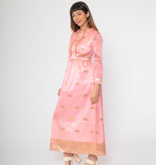 60s Pink Organza Maxi Dress Gold Embroidered Floral Paisley Long Sleeve Small