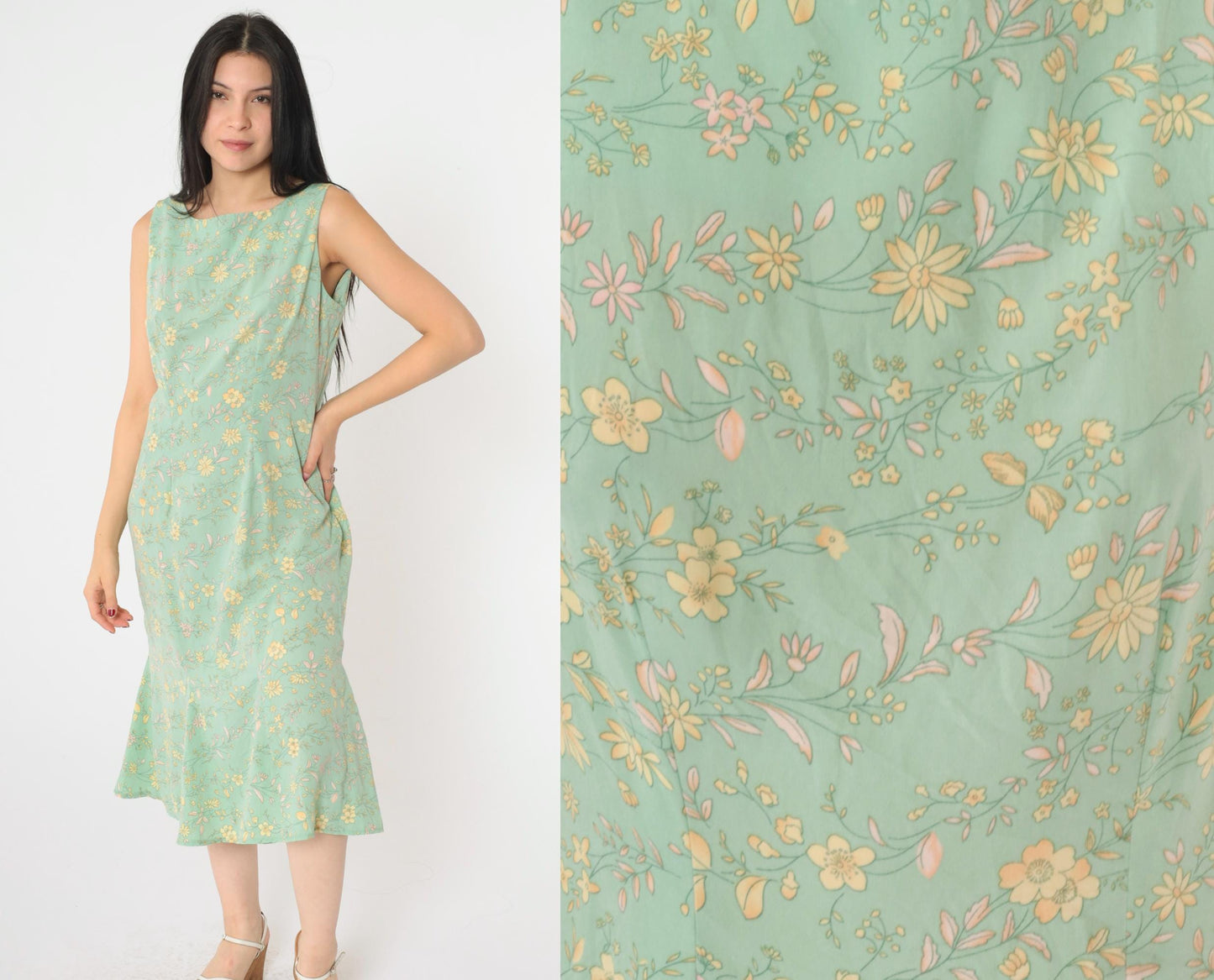 90s R&K Originals Floral Midi Dress Green Yellow Pink Sleeveless Medium